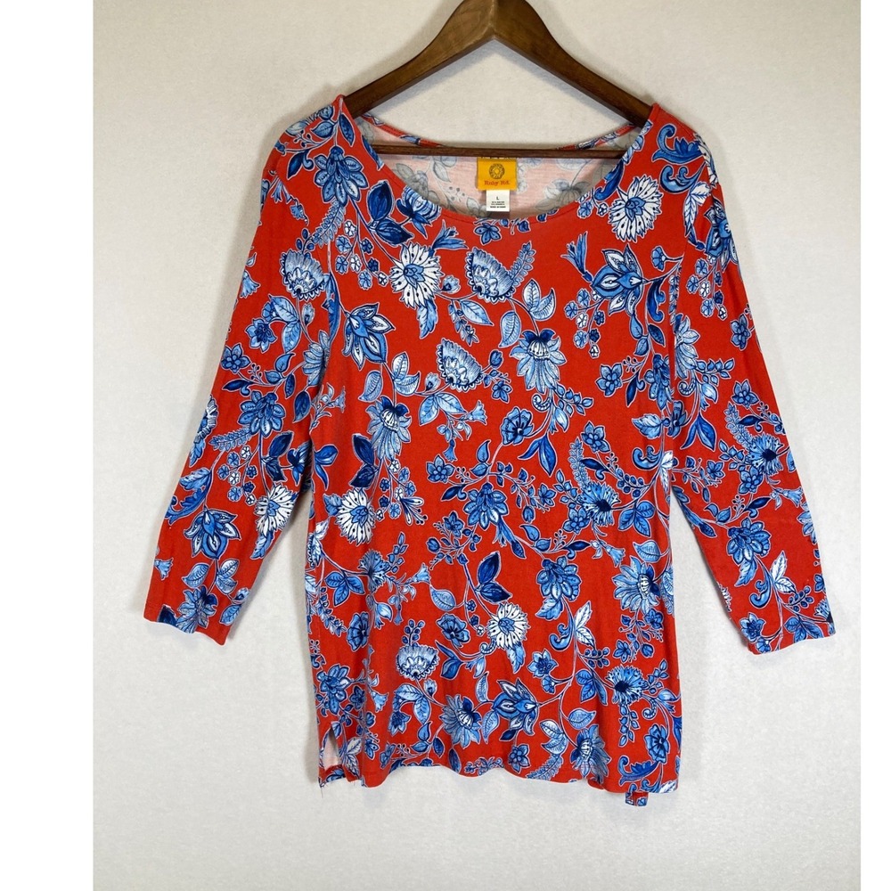 Boho Floral Ruby Rd. Womens Large Red Blue 3/4 Sleeve Scoop Neck Knit Top